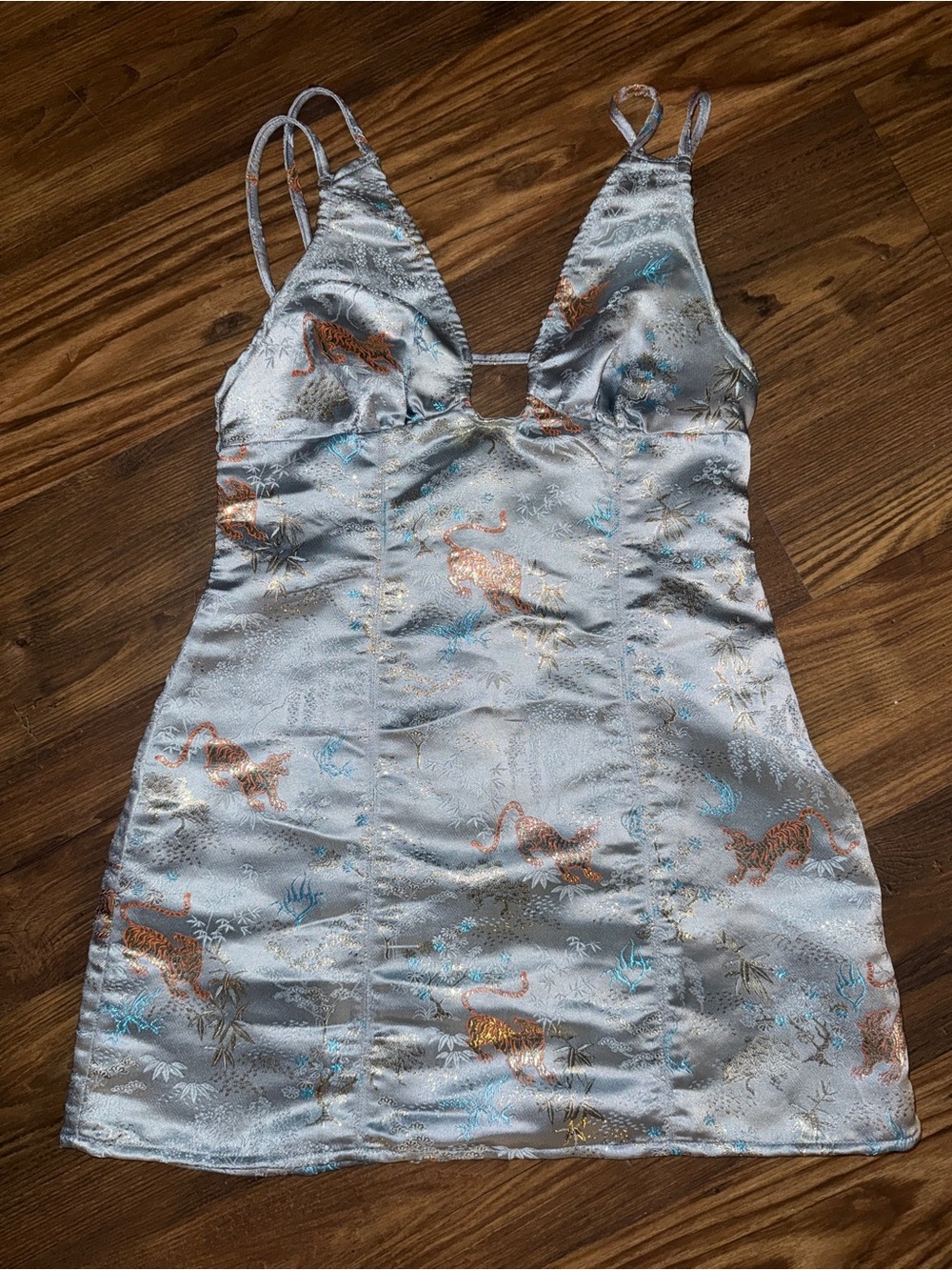 Urban Outfitters Light Blue Satin Mini Dress with Tiger Motif and Gold Thread